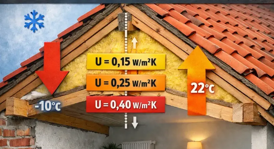 Przekrój dachu pokazuje izolację i jej wpływ na współczynnik przenikania ciepła (U). Różne wartości U (0,15, 0,25, 0,40 W/m²K) ilustrują straty ciepła.