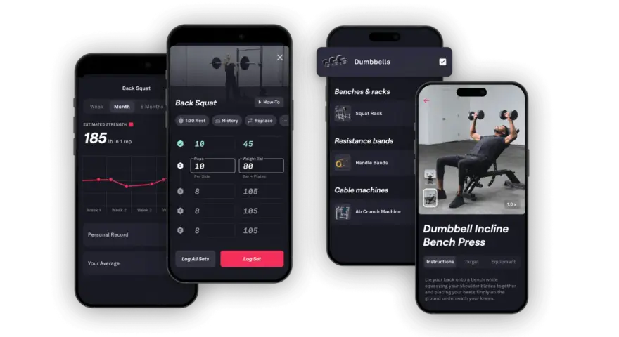 Gratis gym app visar träningsstatistik, övningsinstruktioner och loggning av set.
