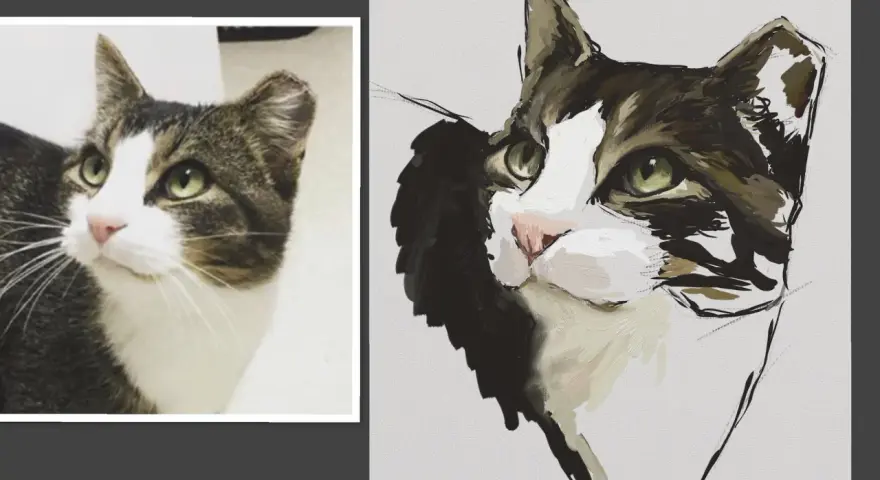 En konstnär försöker måla katt, med en bild av en katt till vänster och en pågående målning till höger.