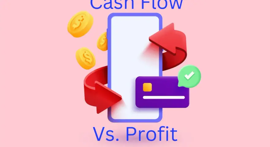 Illustration showing coins, a smartphone, a credit card, and arrows, representing the concept of cash flow vs. profit.