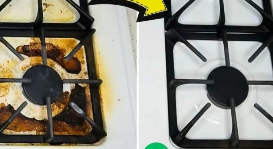 Before and after comparison showing how to clean stove top. The left side is dirty, the right side is sparkling clean.