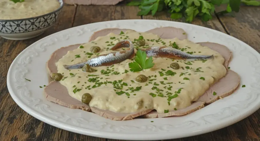 Vitello tonnato veloce: fettine di arrosto di vitello con salsa tonnata, capperi, acciughe e prezzemolo tritato.