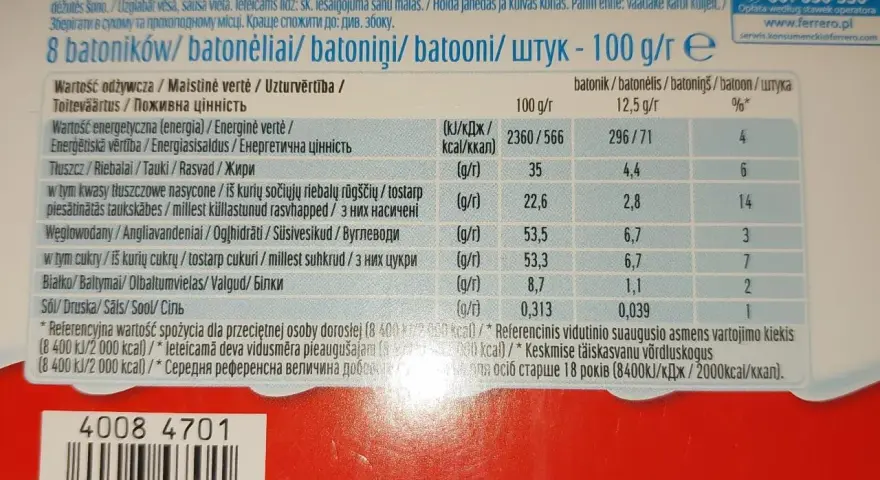 8 batoników Kinder o wadze 100g, każdy batonik to 12,5g. Sprawdź kalorie i skład.