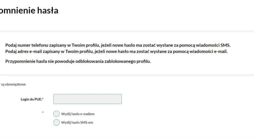Formularz przypomnienia hasła do PUE. Podaj login, wybierz sposób wysyłki hasła: e-mailem lub SMS-em.