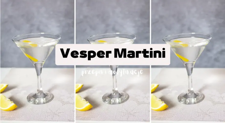 Trzy kieliszki z Martini, ozdobione skórką cytryny, na jasnym tle.