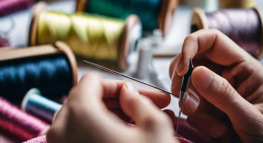 Des mains expertes montrent comment enfiler une aiguille, entourées de bobines de fil colorées.