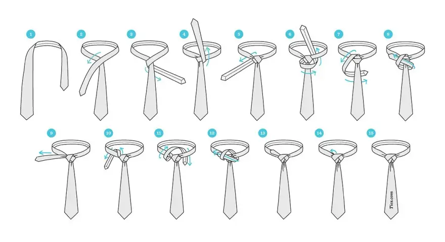 Illustrazione passo-passo per creare un nodo cravatta matrimonio perfetto. Dalla fase 1 alla 15, impara a fare un nodo elegante.
