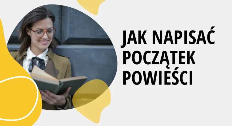 Kobieta w okularach czyta książkę, szukając inspiracji, jak zacząć opowiadanie.