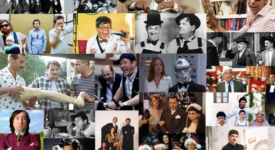 Collage di scene da film che fanno ridere: comici classici, attori in situazioni buffe e momenti memorabili di commedie.