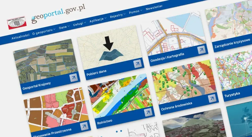 Ort fotomapa co to? Na ekranie geoportalu.gov.pl widać kafelki z różnymi mapami: krajobraz, dane, geodezja, rolnictwo, ochrona środowiska, turystyka.