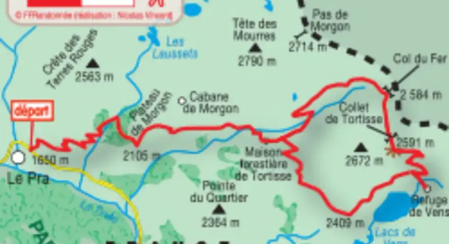 Carte du Mercantour : itinéraire de randonnée balisé en rouge, avec départ, cols, refuges et sommets.
