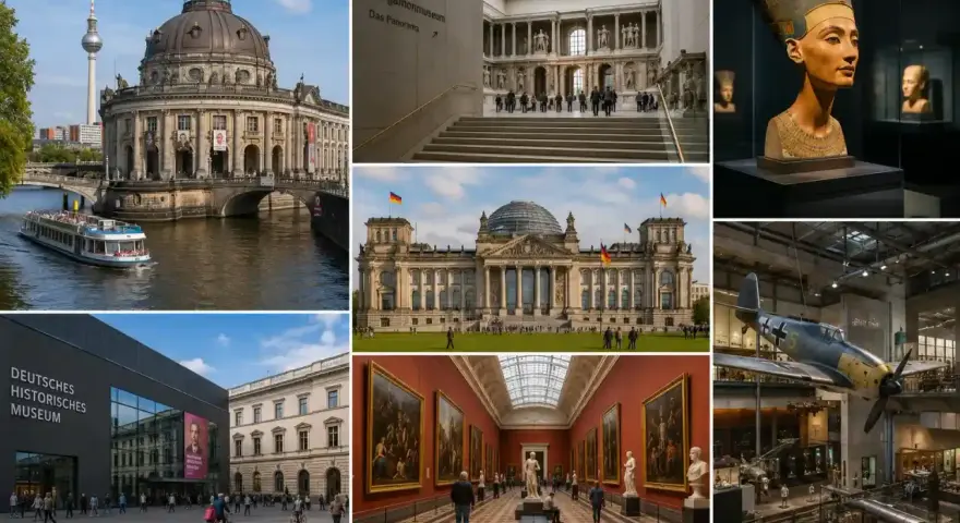 Berlin: Reichstag, Muzeum Historyczne Niemiec, Pergamonmuseum, a state dinner cruise, a plane exhibit, and Nefertiti's bust.