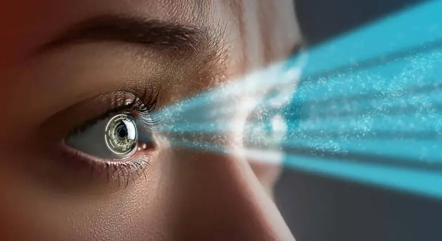 Occhio con fascio laser blu che simboleggia la capsulotomia yag laser convalescenza.
