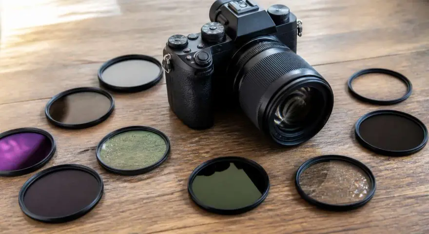 Appareil photo noir entouré de plusieurs filtres pour la photo, dont un filtre UV.