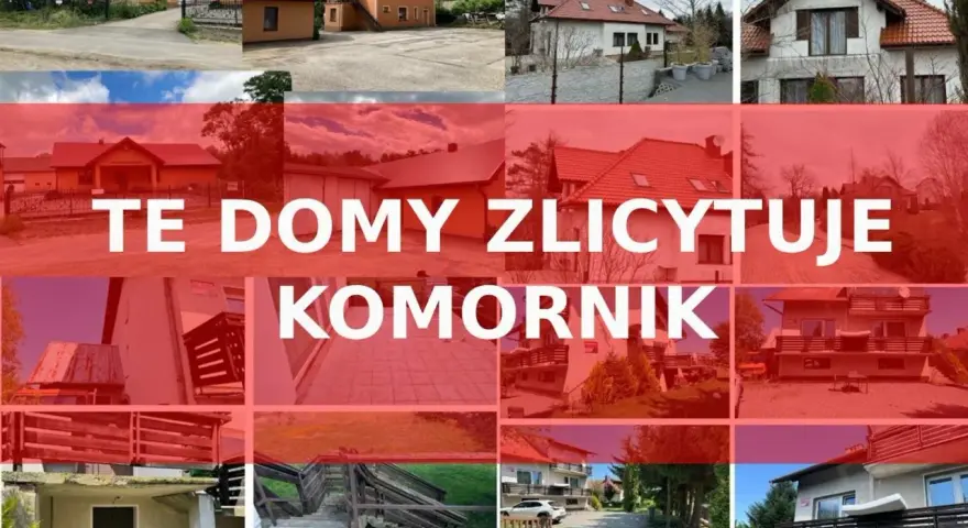 Kolaż zdjęć domów z napisem "TE DOMY ZLICYTOWUJE KOMORNIK". Okazja do zakupu nieruchomości na licytacja komornicza.