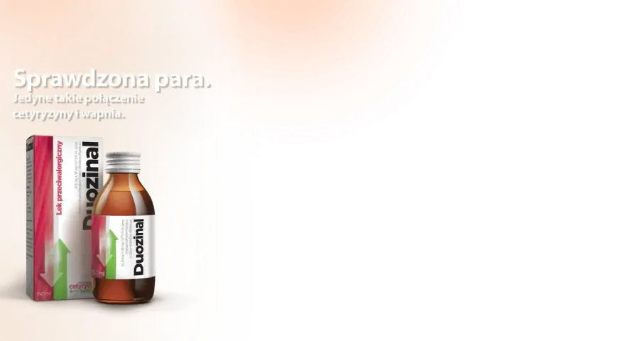 Duozinal – sprawdzona para leku przeciwalergicznego z cetyryzyną i wapniem. Syrop w butelce i opakowaniu.
