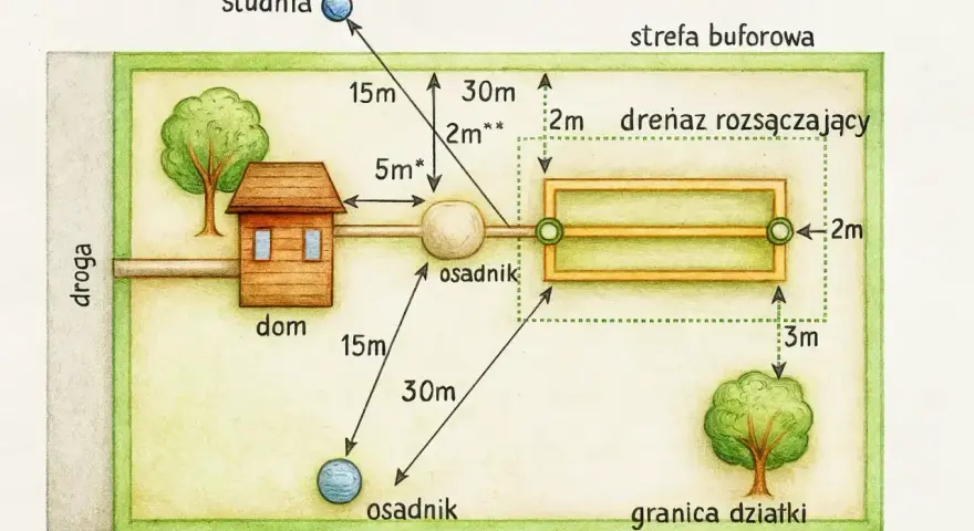 Schemat montażu szamba: dom, studnia, osadnik i drenaż rozsączający na działce z zachowaniem odległości.
