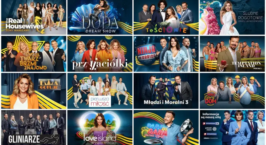 Kolaż programów telewizyjnych, w tym "The Real Housewives", "Doda Dream Show" i "Ninja Warrior Polska", przypominający ofertę kanału Nickelodeon.