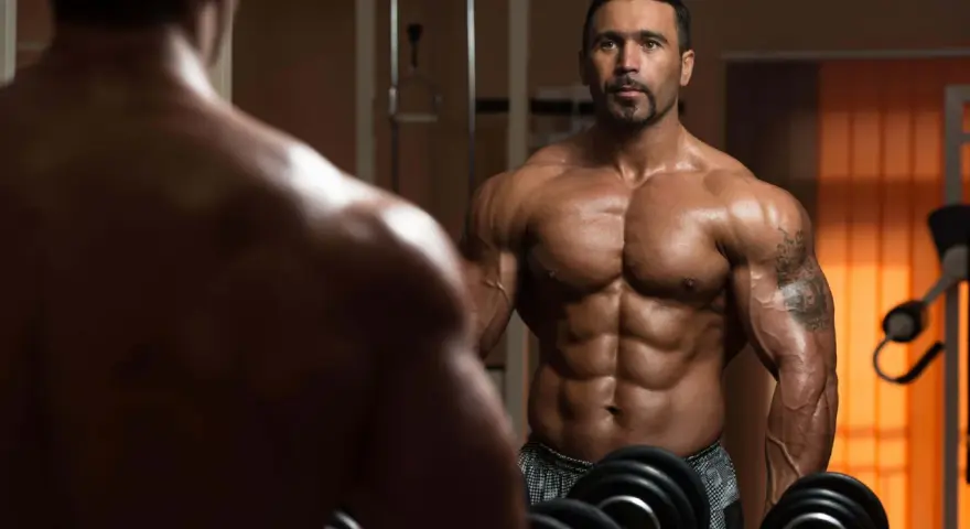 Muskulös man i gym speglar sig. Hans resa att gå ner i vikt och bygga muskler syns tydligt.