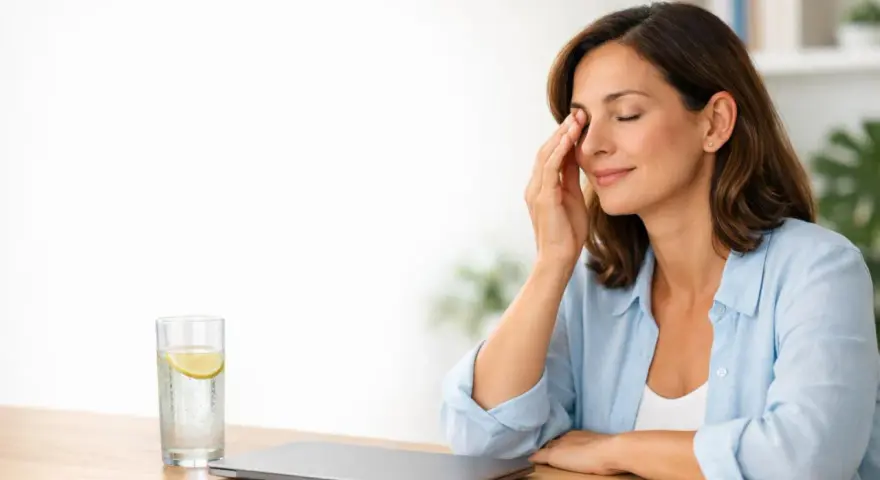 Donna con gli occhi che battono, appoggiata a un tavolo con un bicchiere d'acqua e limone e un laptop chiuso.