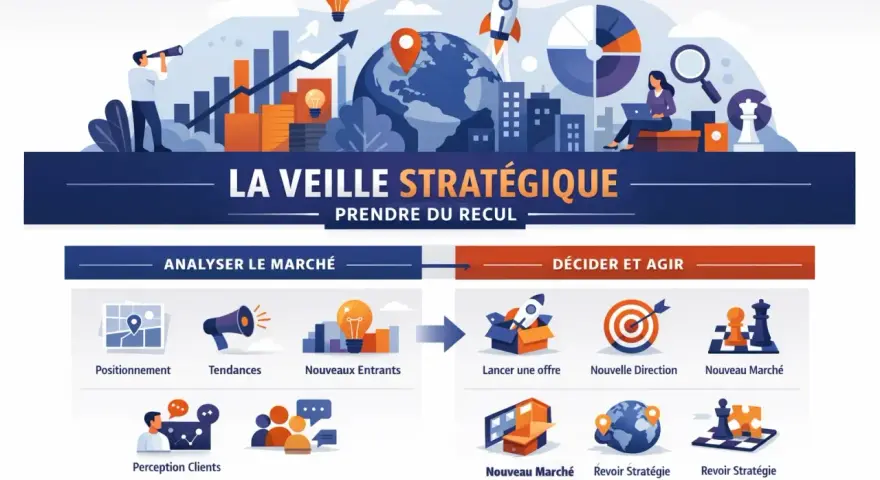 Illustration de la veille stratégique : analyse du marché (positionnement, tendances, nouveaux entrants, perception clients) et décision d'agir (lancer offre, nouvelle direction, nouveau marché, revoir stratégie). Ces outils de veille guident l'action.