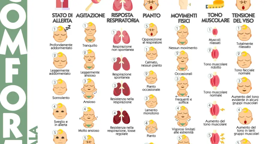 Come capire se un neonato ha il reflusso? La scala COMFORT valuta stato di allerta, agitazione, respiro, pianto, movimenti e tono muscolare.
