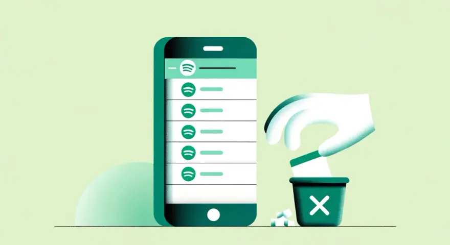 Dłoń wrzuca do kosza elementy z listy odtwarzania Spotify na ekranie telefonu.