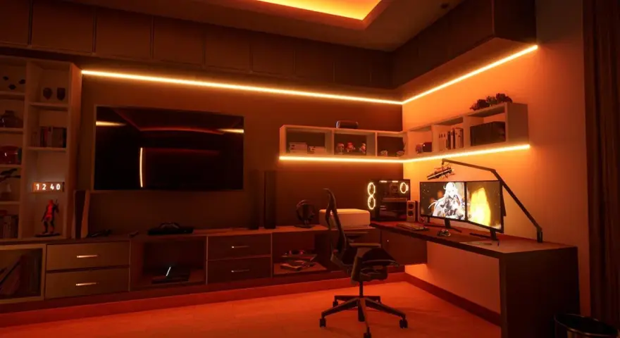 Snygga gaming rum med orange belysning, dubbla skärmar, en kraftfull dator och en bekväm spelstol. Perfekt för episka spelkvällar.