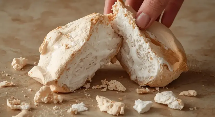 Une main casse une meringue aérienne, parfaite pour une recette meringue. Des miettes tombent sur le plan de travail.
