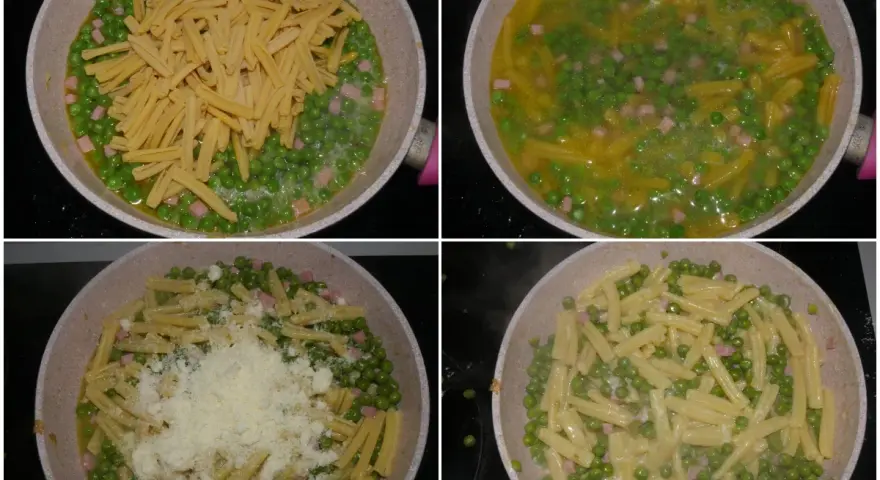 Preparazione di pasta e piselli in padella: la pasta viene aggiunta ai piselli e cubetti di prosciutto, poi cotta e infine condita con formaggio grattugiato.
