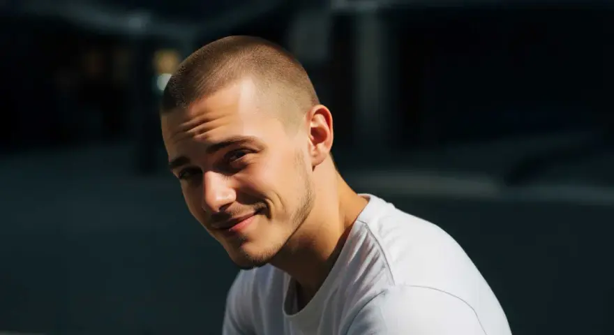 Joven sonriente con un corte afeitado impecable y barba cuidada, luciendo una camiseta blanca.
