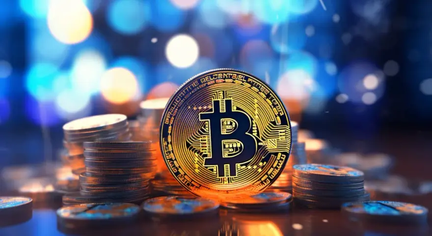 Złota moneta z symbolem Bitcoin na tle rozmytych świateł.