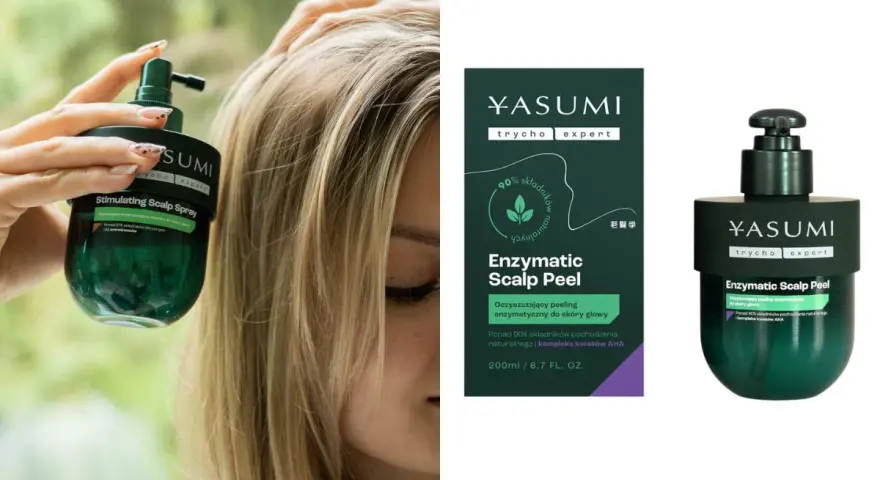 Kobieta aplikuje na skórę głowy peeling enzymatyczny Yasumi. To doskonały peeling do skóry głowy, który odżywia i oczyszcza.