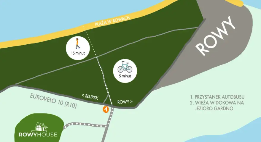 Mapa atrakcji w Rowach: plaża, jezioro Gardno, wieża widokowa, przystanek autobusowy. Rowy co warto zobaczyć to idealne miejsce na wypoczynek.