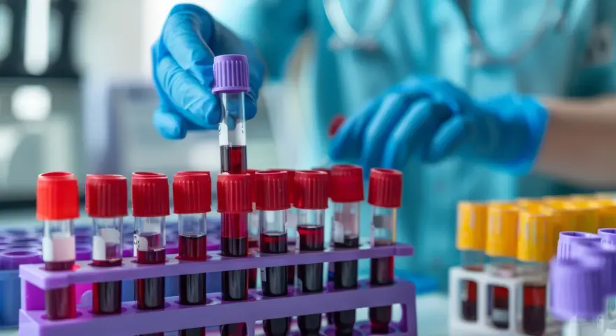 Laborant w niebieskich rękawiczkach przygotowuje próbki krwi do badań immunologicznych.