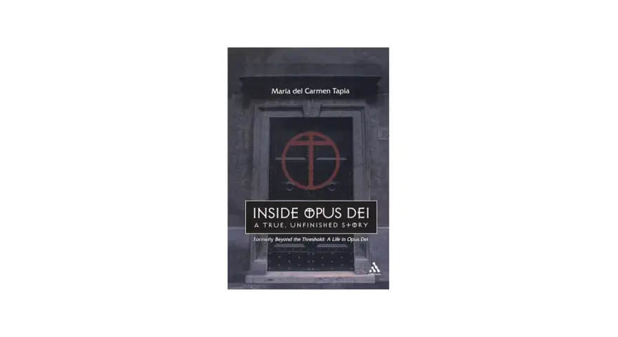 Book cover for "Inside Opus Dei" by María del Carmen Tapia, featuring a dark door with a red symbol and the title.