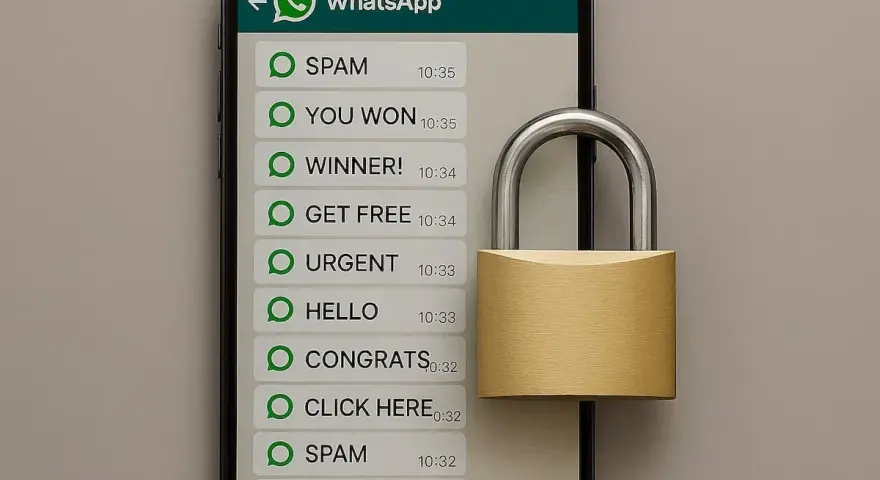 Smartphone mit WhatsApp-Nachrichten und einem Vorhängeschloss, das Sicherheit symbolisiert.