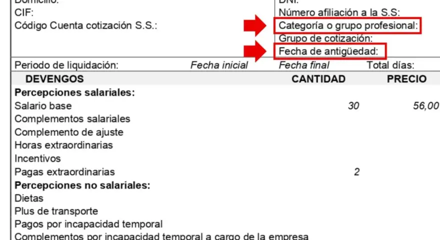 Recibo de nómina. Destaca "Grupo de cotización" y "Fecha de antigüedad", indicando que el grupo 08 se refiere a la cotización del trabajador.