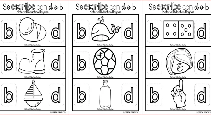 Fichas dislexia: b y d con dibujos de un bebé, ballena, bota, barco, dominó, cara, balón, botella y mano.