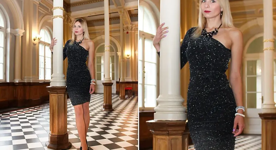 Elegancka czarna sukienka z cekinami to idealna odpowiedź na pytanie, co ubrać na sylwestra. Błyszcząca kreacja w połączeniu z klasycznymi szpilkami.