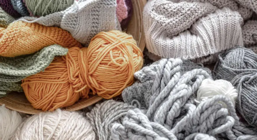 Ovillos de lana y tejidos de punto en tonos tierra y grises. El suave **merino material** invita a crear prendas cálidas y acogedoras.