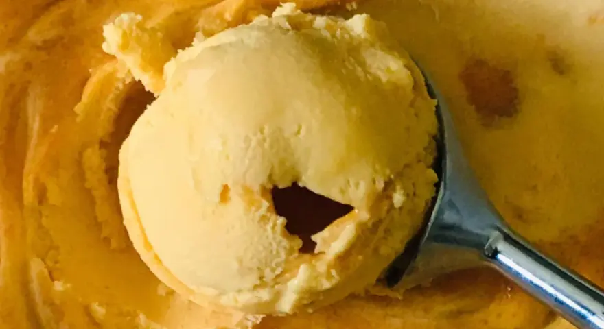 Ein Löffel hebt eine Kugel cremiges Sanddorn-Eis aus einer Schüssel. Die Farbe erinnert an die Sonne.