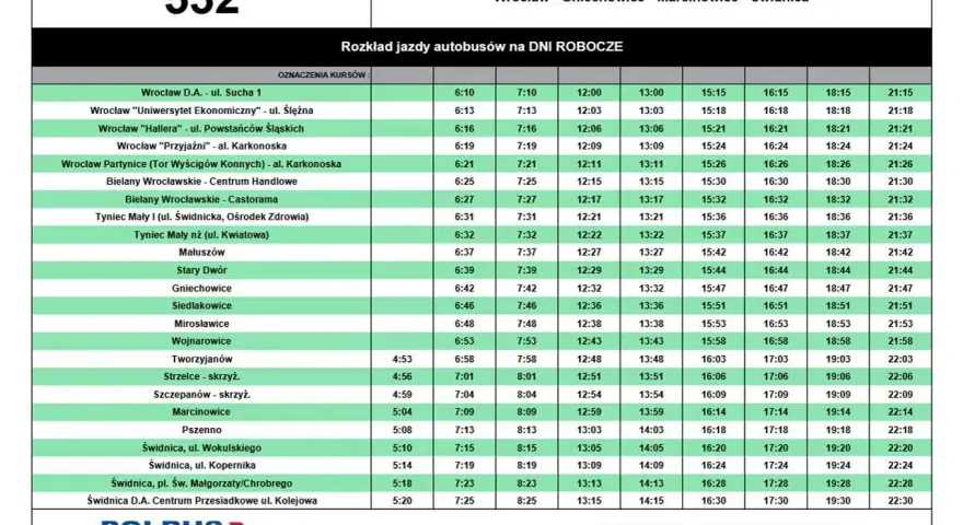 Rozkład jazdy autobusu 137 relacji Wrocław - Gniechowice - Marcinowice - Świdnica.