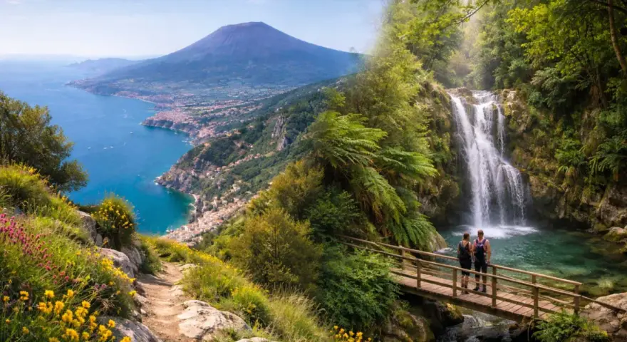 Sentiero fiorito con vista sul Vesuvio e cascata in Campania. Due escursionisti su un ponte ammirano la natura.