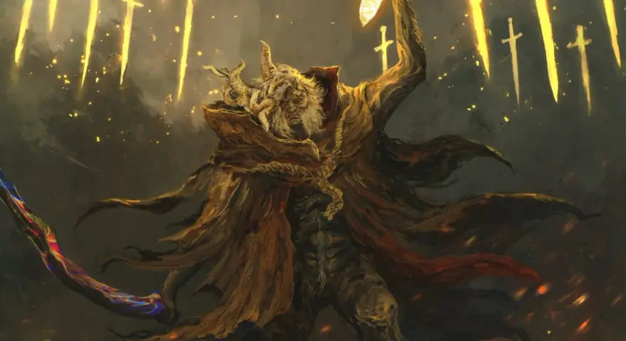Un poderoso guerrero, uno de los personajes de Elden Ring, alza una espada brillante bajo una lluvia de espadas doradas.