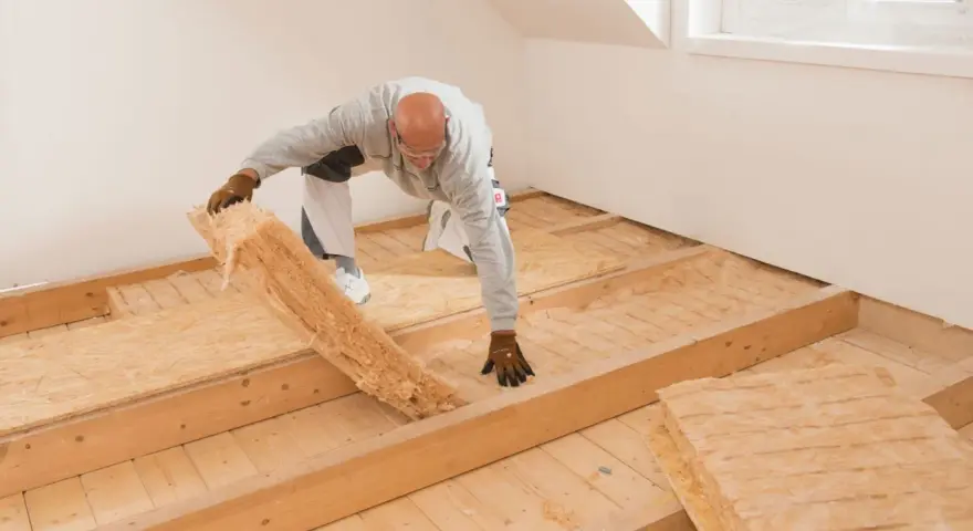 Mann verlegt Dämmmaterial auf Holzbalkendecke, vorbereitend für Estrich.