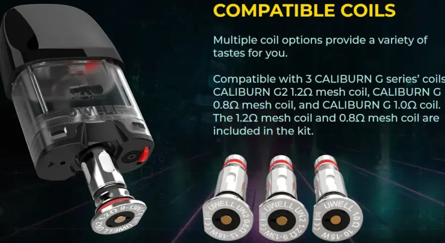 Cartucho de vapeo KOKO GK2 con tres resistencias Uwell compatibles: 1.2Ω, 0.8Ω y 1.0Ω.