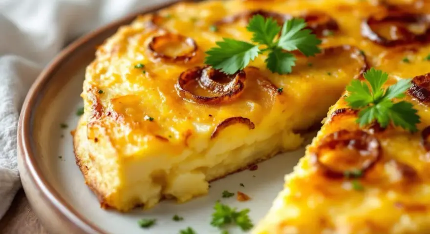 Une part de tortilla au four, dorée et garnie d'oignons caramélisés et de persil frais, sur une assiette.