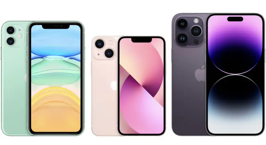 Trzy modele iPhone'ów: zielony iPhone 11, różowy iPhone 13 i fioletowy iPhone 14 Pro. Jaki jest najnowszy iPhone? To ten fioletowy!