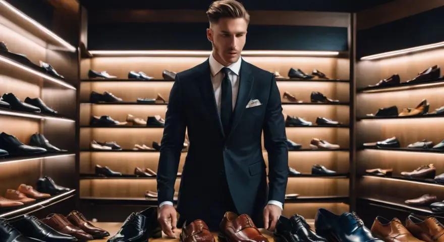 Elegancki mężczyzna w czarnym garniturze wybiera jakie buty do czarnego garnituru będą najlepsze. W tle półki pełne męskiego obuwia.